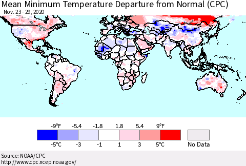 World Mean Minimum Temperature Departure from Normal (CPC) Thematic Map For 11/23/2020 - 11/29/2020