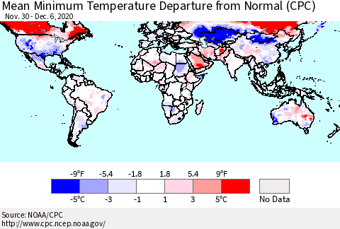 World Mean Minimum Temperature Departure from Normal (CPC) Thematic Map For 11/30/2020 - 12/6/2020