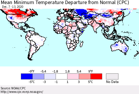 World Mean Minimum Temperature Departure from Normal (CPC) Thematic Map For 12/7/2020 - 12/13/2020
