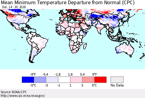 World Mean Minimum Temperature Departure from Normal (CPC) Thematic Map For 12/14/2020 - 12/20/2020