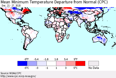 World Mean Minimum Temperature Departure from Normal (CPC) Thematic Map For 12/21/2020 - 12/27/2020