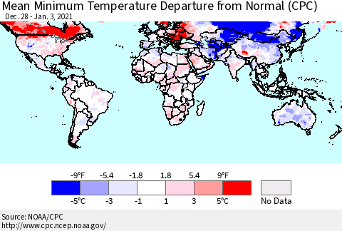 World Mean Minimum Temperature Departure from Normal (CPC) Thematic Map For 12/28/2020 - 1/3/2021