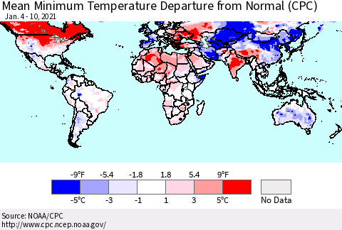 World Mean Minimum Temperature Departure from Normal (CPC) Thematic Map For 1/4/2021 - 1/10/2021