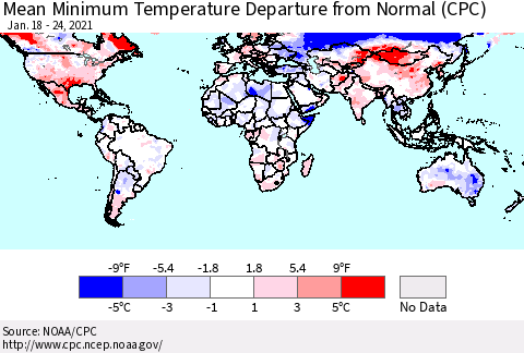 World Mean Minimum Temperature Departure from Normal (CPC) Thematic Map For 1/18/2021 - 1/24/2021