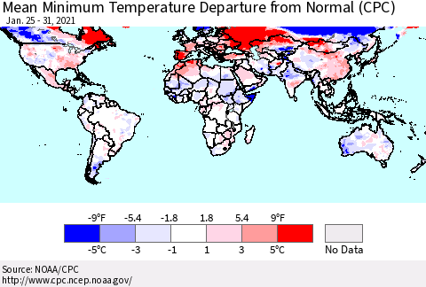 World Mean Minimum Temperature Departure from Normal (CPC) Thematic Map For 1/25/2021 - 1/31/2021
