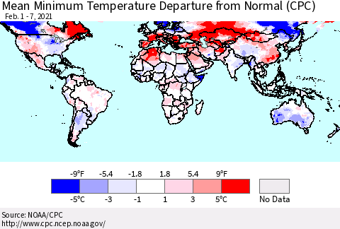 World Mean Minimum Temperature Departure from Normal (CPC) Thematic Map For 2/1/2021 - 2/7/2021