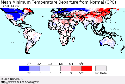 World Mean Minimum Temperature Departure from Normal (CPC) Thematic Map For 2/8/2021 - 2/14/2021