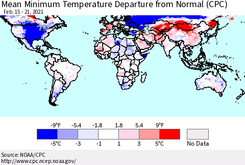 World Mean Minimum Temperature Departure from Normal (CPC) Thematic Map For 2/15/2021 - 2/21/2021