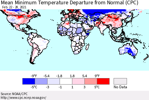 World Mean Minimum Temperature Departure from Normal (CPC) Thematic Map For 2/22/2021 - 2/28/2021