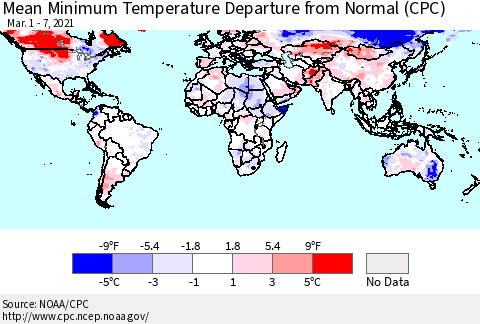 World Mean Minimum Temperature Departure from Normal (CPC) Thematic Map For 3/1/2021 - 3/7/2021