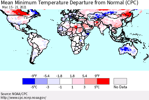 World Mean Minimum Temperature Departure from Normal (CPC) Thematic Map For 3/15/2021 - 3/21/2021