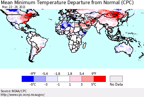 World Mean Minimum Temperature Departure from Normal (CPC) Thematic Map For 3/22/2021 - 3/28/2021