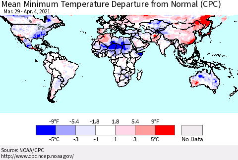 World Mean Minimum Temperature Departure from Normal (CPC) Thematic Map For 3/29/2021 - 4/4/2021