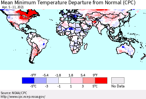 World Mean Minimum Temperature Departure from Normal (CPC) Thematic Map For 4/5/2021 - 4/11/2021