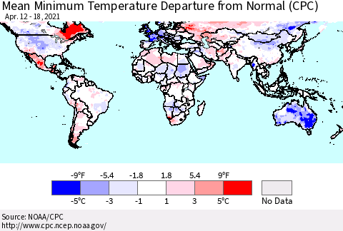 World Mean Minimum Temperature Departure from Normal (CPC) Thematic Map For 4/12/2021 - 4/18/2021