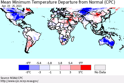 World Mean Minimum Temperature Departure from Normal (CPC) Thematic Map For 4/19/2021 - 4/25/2021
