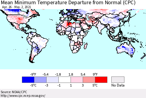 World Mean Minimum Temperature Departure from Normal (CPC) Thematic Map For 4/26/2021 - 5/2/2021