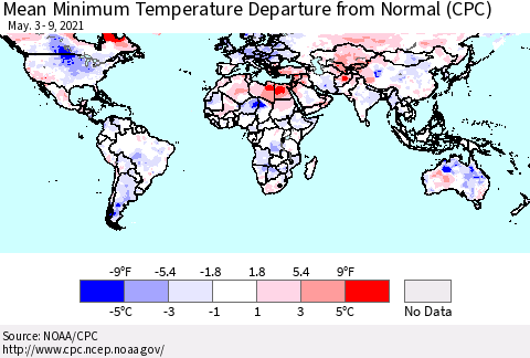 World Mean Minimum Temperature Departure from Normal (CPC) Thematic Map For 5/3/2021 - 5/9/2021
