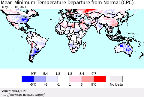 World Mean Minimum Temperature Departure from Normal (CPC) Thematic Map For 5/10/2021 - 5/16/2021