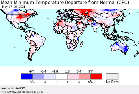World Mean Minimum Temperature Departure from Normal (CPC) Thematic Map For 5/17/2021 - 5/23/2021