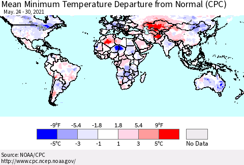 World Mean Minimum Temperature Departure from Normal (CPC) Thematic Map For 5/24/2021 - 5/30/2021