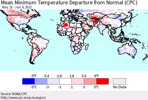 World Mean Minimum Temperature Departure from Normal (CPC) Thematic Map For 5/31/2021 - 6/6/2021