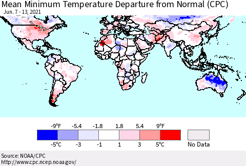 World Mean Minimum Temperature Departure from Normal (CPC) Thematic Map For 6/7/2021 - 6/13/2021