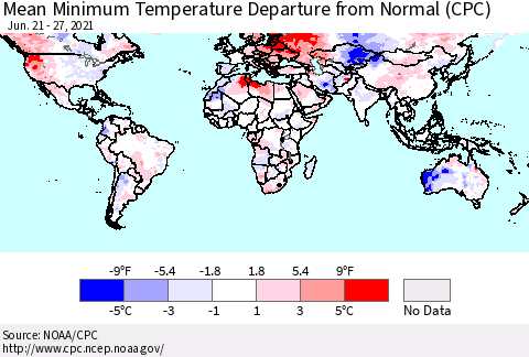 World Mean Minimum Temperature Departure from Normal (CPC) Thematic Map For 6/21/2021 - 6/27/2021