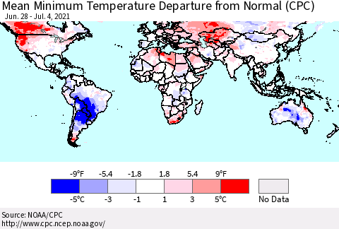World Mean Minimum Temperature Departure from Normal (CPC) Thematic Map For 6/28/2021 - 7/4/2021