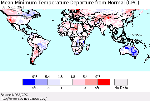 World Mean Minimum Temperature Departure from Normal (CPC) Thematic Map For 7/5/2021 - 7/11/2021