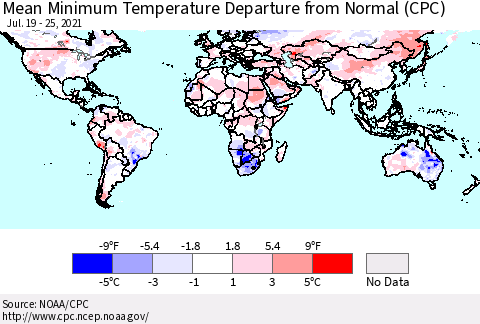 World Mean Minimum Temperature Departure from Normal (CPC) Thematic Map For 7/19/2021 - 7/25/2021