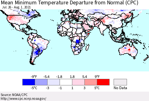 World Mean Minimum Temperature Departure from Normal (CPC) Thematic Map For 7/26/2021 - 8/1/2021