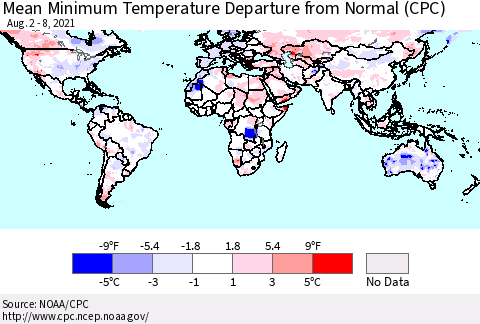 World Mean Minimum Temperature Departure from Normal (CPC) Thematic Map For 8/2/2021 - 8/8/2021