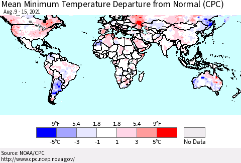 World Mean Minimum Temperature Departure from Normal (CPC) Thematic Map For 8/9/2021 - 8/15/2021