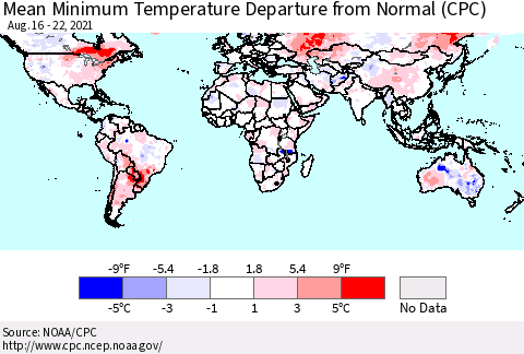 World Mean Minimum Temperature Departure from Normal (CPC) Thematic Map For 8/16/2021 - 8/22/2021