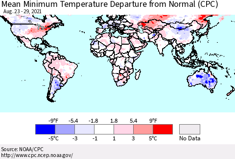 World Mean Minimum Temperature Departure from Normal (CPC) Thematic Map For 8/23/2021 - 8/29/2021