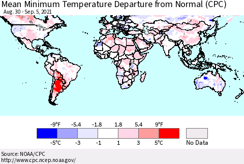 World Mean Minimum Temperature Departure from Normal (CPC) Thematic Map For 8/30/2021 - 9/5/2021