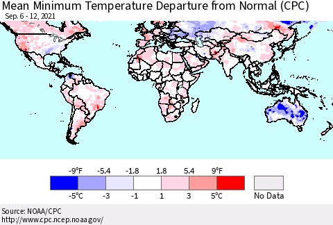 World Mean Minimum Temperature Departure from Normal (CPC) Thematic Map For 9/6/2021 - 9/12/2021