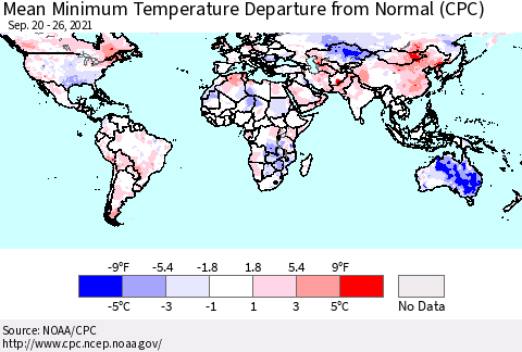 World Mean Minimum Temperature Departure from Normal (CPC) Thematic Map For 9/20/2021 - 9/26/2021