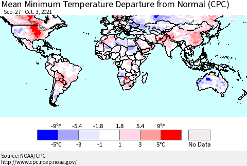 World Mean Minimum Temperature Departure from Normal (CPC) Thematic Map For 9/27/2021 - 10/3/2021