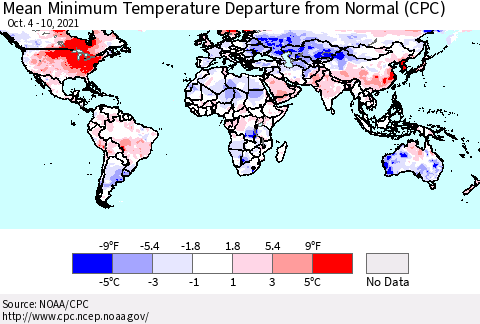 World Mean Minimum Temperature Departure from Normal (CPC) Thematic Map For 10/4/2021 - 10/10/2021