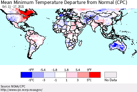 World Mean Minimum Temperature Departure from Normal (CPC) Thematic Map For 10/11/2021 - 10/17/2021