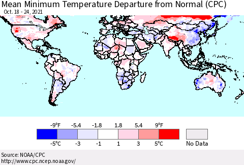 World Mean Minimum Temperature Departure from Normal (CPC) Thematic Map For 10/18/2021 - 10/24/2021
