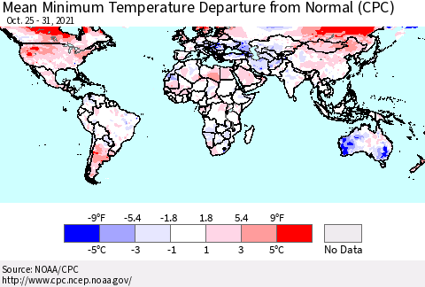 World Mean Minimum Temperature Departure from Normal (CPC) Thematic Map For 10/25/2021 - 10/31/2021