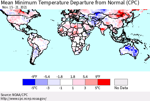 World Mean Minimum Temperature Departure from Normal (CPC) Thematic Map For 11/15/2021 - 11/21/2021