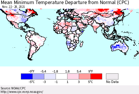 World Mean Minimum Temperature Departure from Normal (CPC) Thematic Map For 11/22/2021 - 11/28/2021