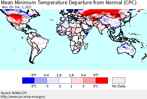 World Mean Minimum Temperature Departure from Normal (CPC) Thematic Map For 11/29/2021 - 12/5/2021