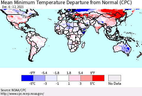 World Mean Minimum Temperature Departure from Normal (CPC) Thematic Map For 12/6/2021 - 12/12/2021