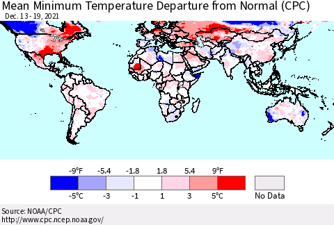 World Mean Minimum Temperature Departure from Normal (CPC) Thematic Map For 12/13/2021 - 12/19/2021