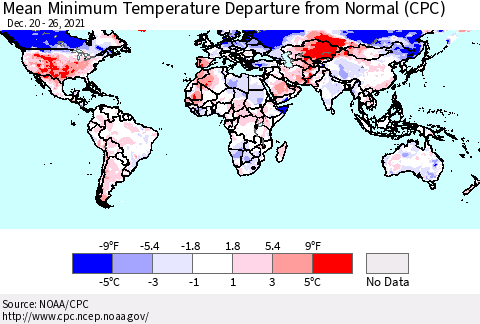 World Mean Minimum Temperature Departure from Normal (CPC) Thematic Map For 12/20/2021 - 12/26/2021
